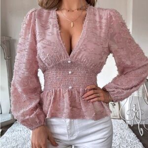 SHEIN Blush Textured Blouse with Pearl Buttons